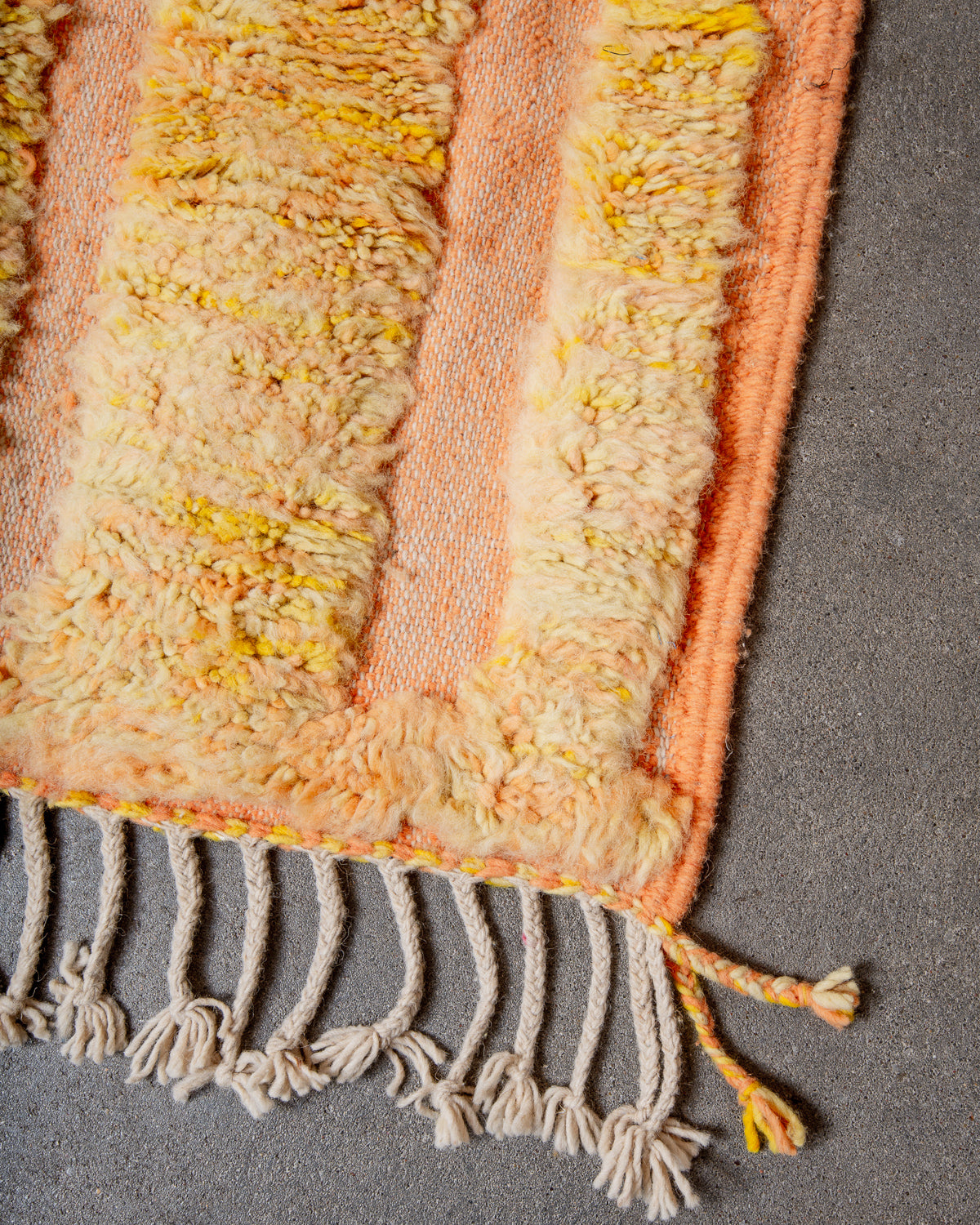 Modern, designer, handcrafted Berber rug from Morocco. Beniourain carpet with beautiful colours and patterns and fluffy wool texture.